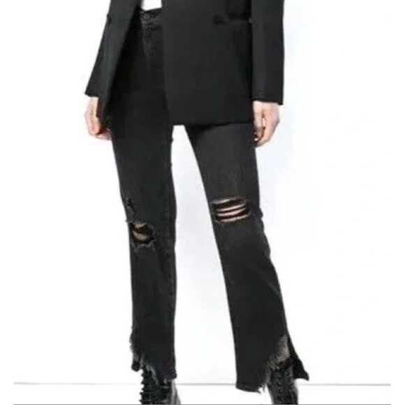 Frame Denim Le High Rise Straight Side Fray Distressed Killington Black Jeans 28